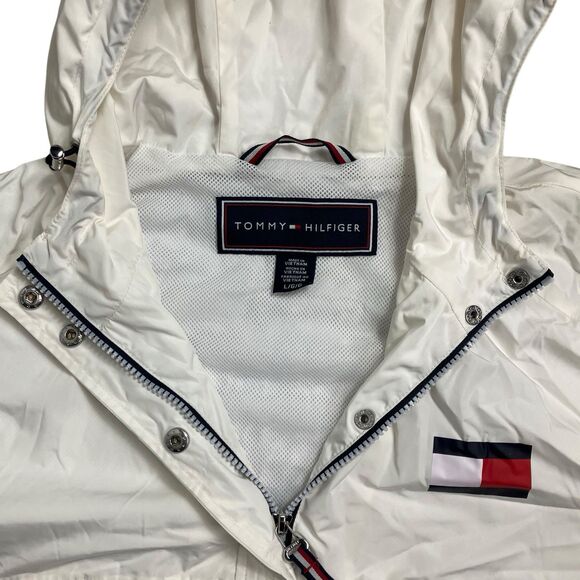 Tommy Hilfiger Windbreaker L White Spellout Hooded Half Zip Jacket Nylon - Picture 5 of 13